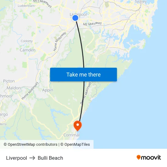 Liverpool to Bulli Beach map