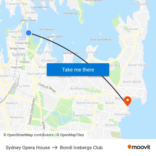 Sydney Opera House to Bondi Icebergs Club map