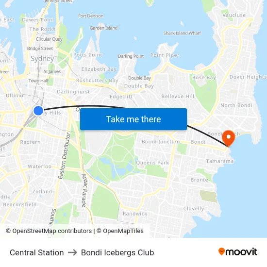 Central Station to Bondi Icebergs Club map