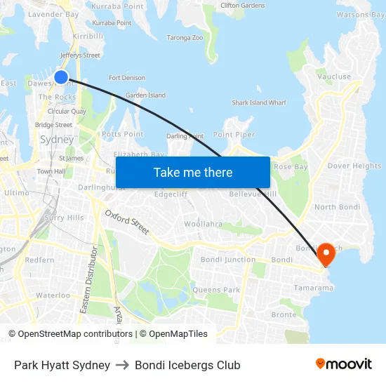 Park Hyatt Sydney to Bondi Icebergs Club map