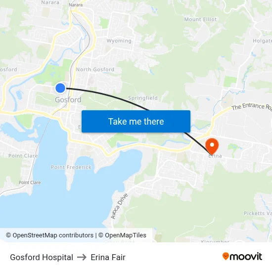 Gosford Hospital to Erina Fair map