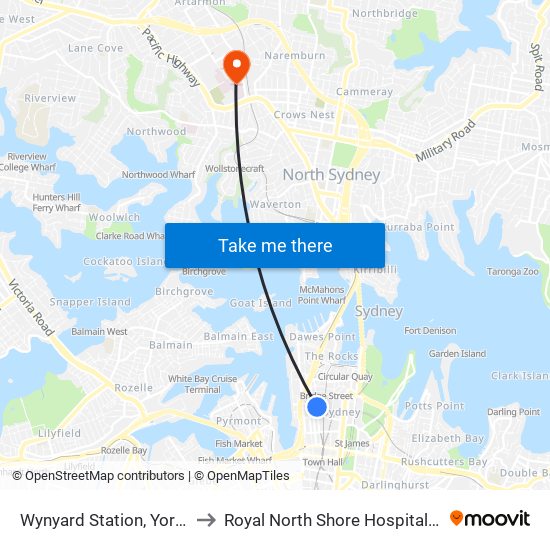 Wynyard Station, York St, Stand G to Royal North Shore Hospital Helipad (YRNS) map