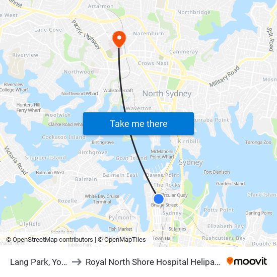 Lang Park, York St to Royal North Shore Hospital Helipad (YRNS) map