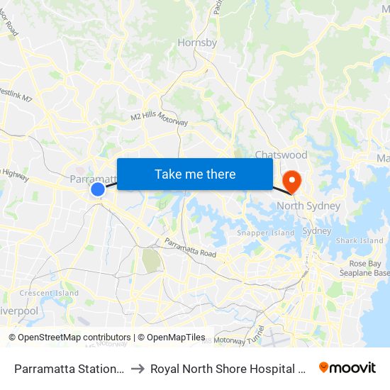 Parramatta Station, Stand A2 to Royal North Shore Hospital Helipad (YRNS) map