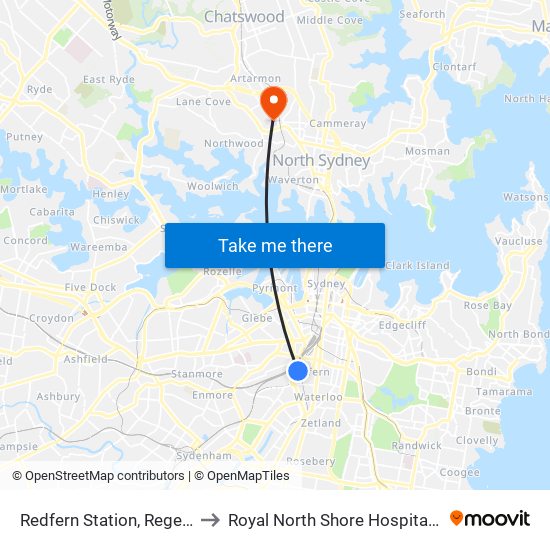 Redfern Station, Regent St, Stand C to Royal North Shore Hospital Helipad (YRNS) map