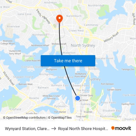 Wynyard Station, Clarence St, Stand Q to Royal North Shore Hospital Helipad (YRNS) map