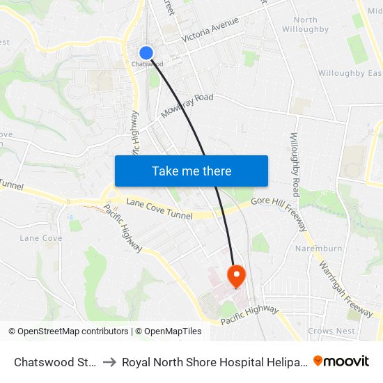 Chatswood Station to Royal North Shore Hospital Helipad (YRNS) map