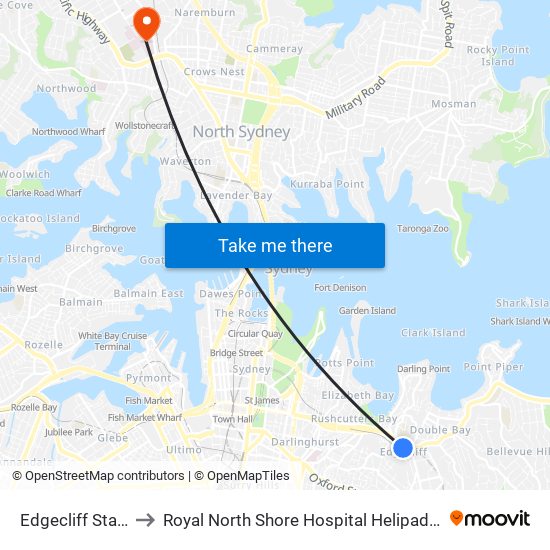 Edgecliff Station to Royal North Shore Hospital Helipad (YRNS) map