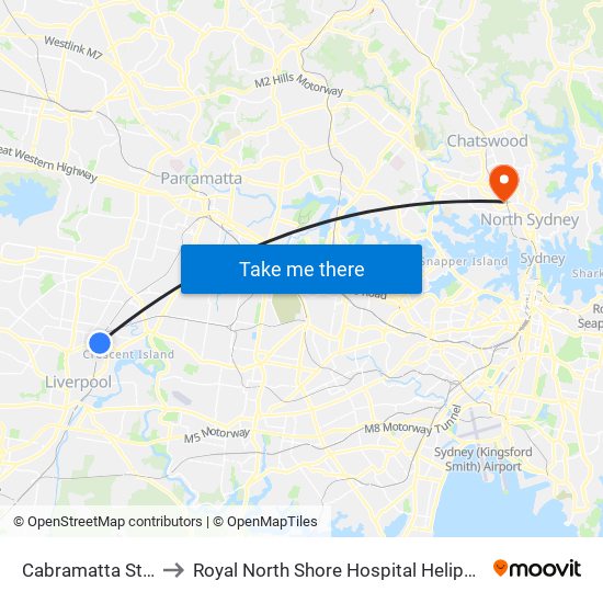 Cabramatta Station to Royal North Shore Hospital Helipad (YRNS) map