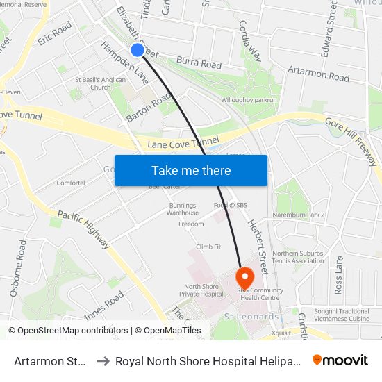 Artarmon Station to Royal North Shore Hospital Helipad (YRNS) map