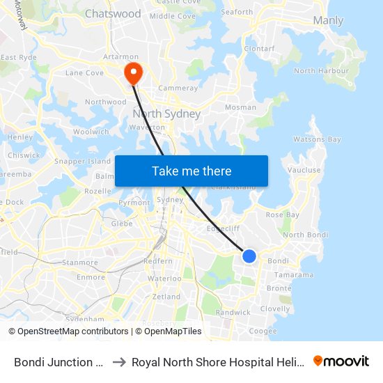 Bondi Junction Station to Royal North Shore Hospital Helipad (YRNS) map