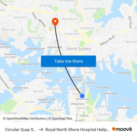 Circular Quay Station to Royal North Shore Hospital Helipad (YRNS) map