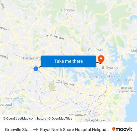 Granville Station to Royal North Shore Hospital Helipad (YRNS) map