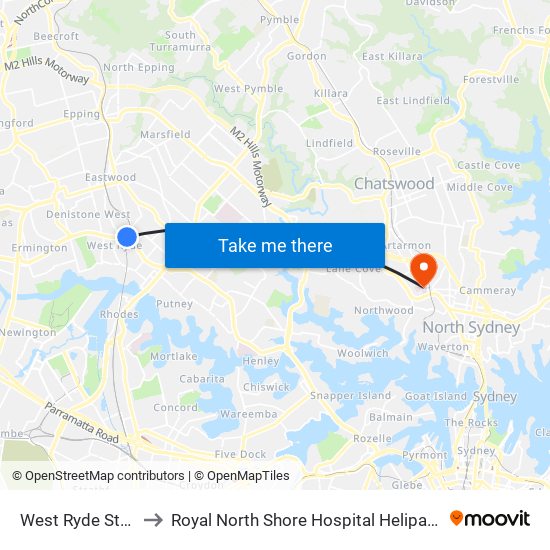 West Ryde Station to Royal North Shore Hospital Helipad (YRNS) map