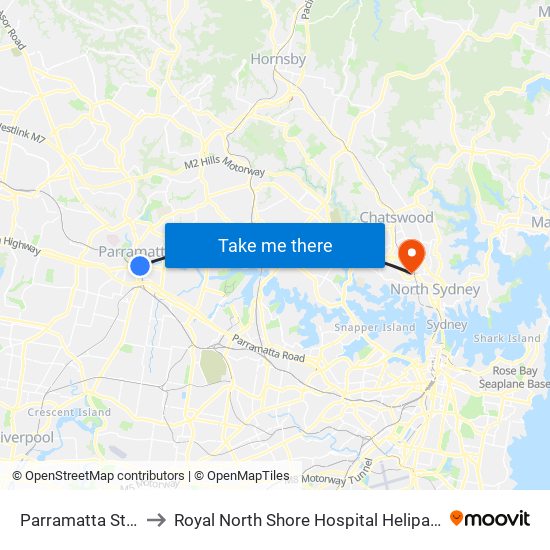 Parramatta Station to Royal North Shore Hospital Helipad (YRNS) map
