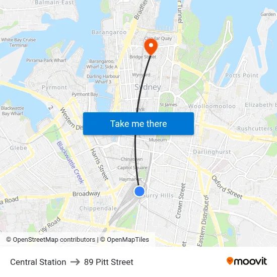 Central Station to 89 Pitt Street map