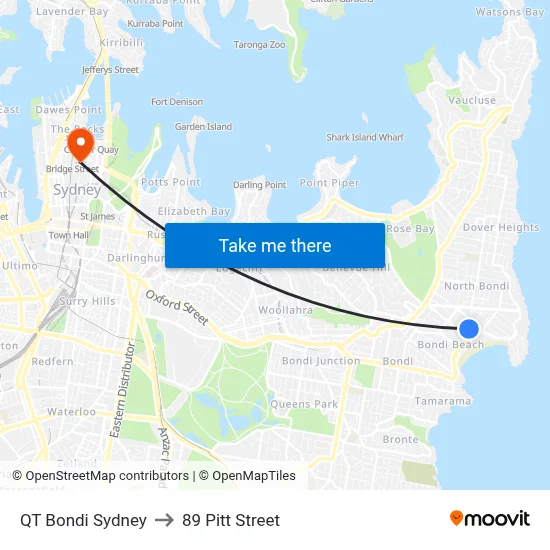 QT Bondi Sydney to 89 Pitt Street map