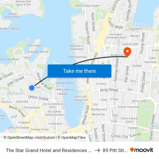The Star Grand Hotel and Residences Sydney to 89 Pitt Street map