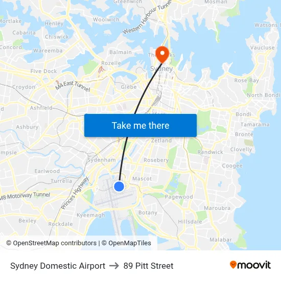 Sydney Domestic Airport to 89 Pitt Street map