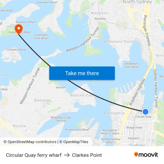 Circular Quay ferry wharf to Clarkes Point map