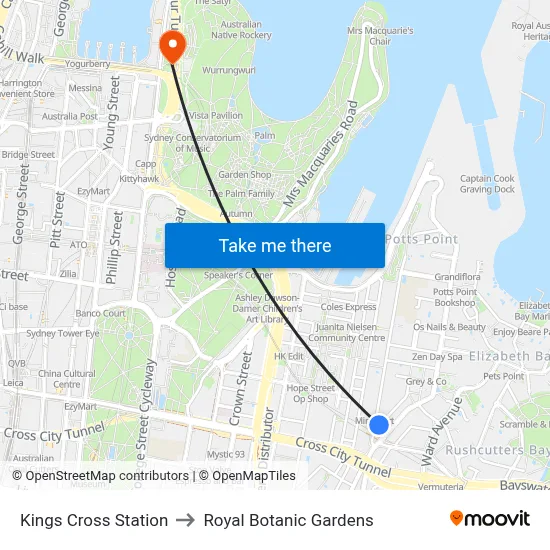Kings Cross Station to Royal Botanic Gardens map