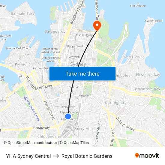 YHA Sydney Central to Royal Botanic Gardens map