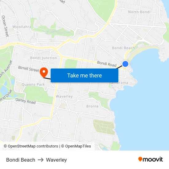 Bondi Beach to Waverley map