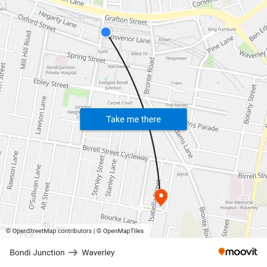 Bondi Junction to Waverley map