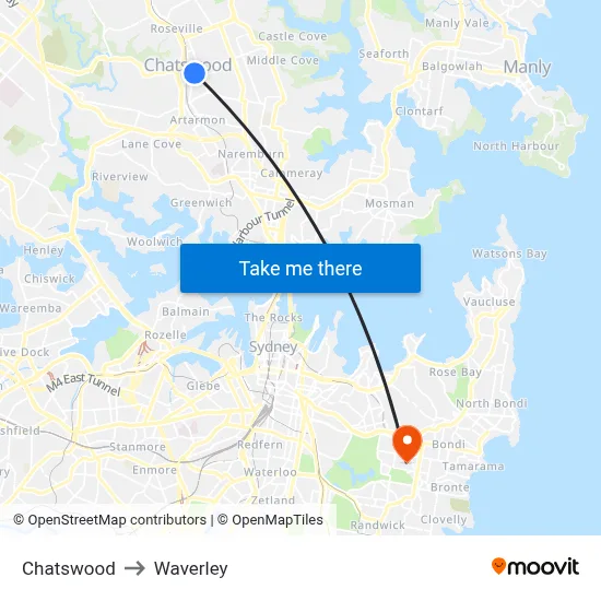 Chatswood to Waverley map