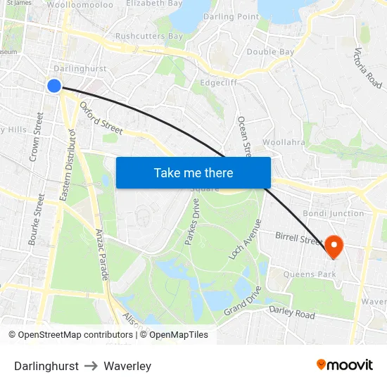 Darlinghurst to Waverley map