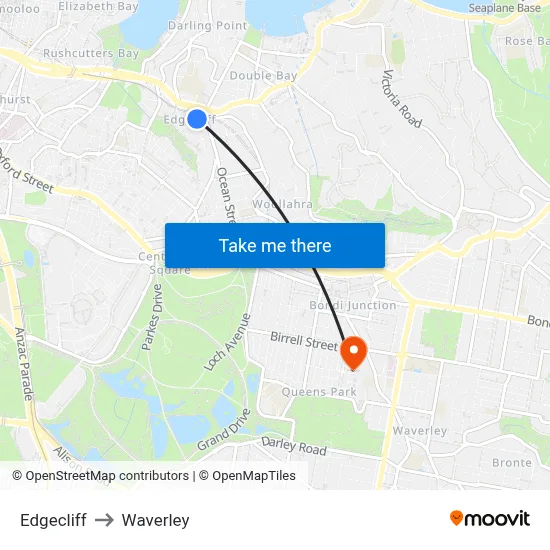 Edgecliff to Waverley map