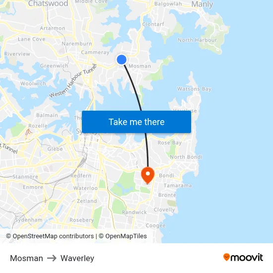 Mosman to Waverley map