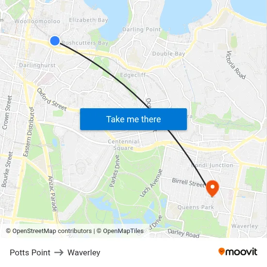 Potts Point to Waverley map