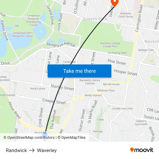 Randwick to Waverley map