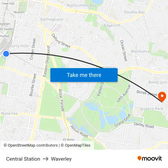 Central Station to Waverley map