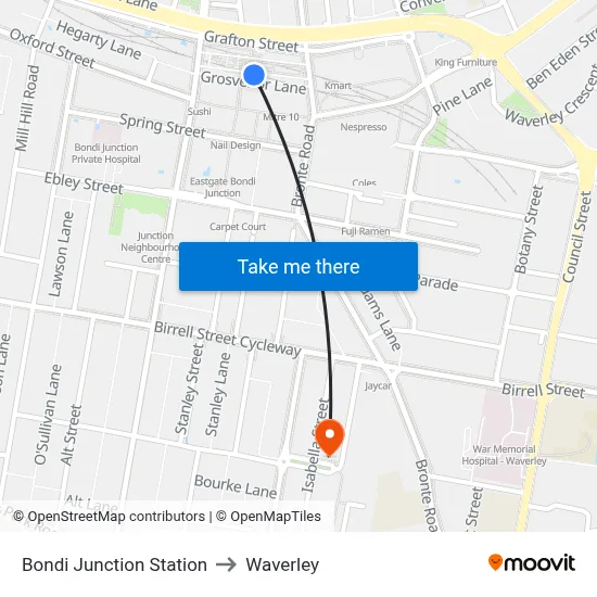 Bondi Junction Station to Waverley map