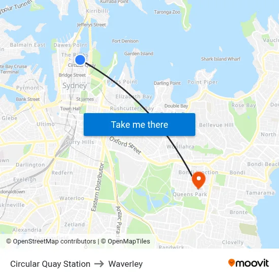 Circular Quay Station to Waverley map