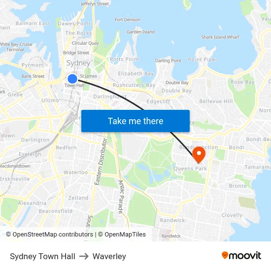 Sydney Town Hall to Waverley map