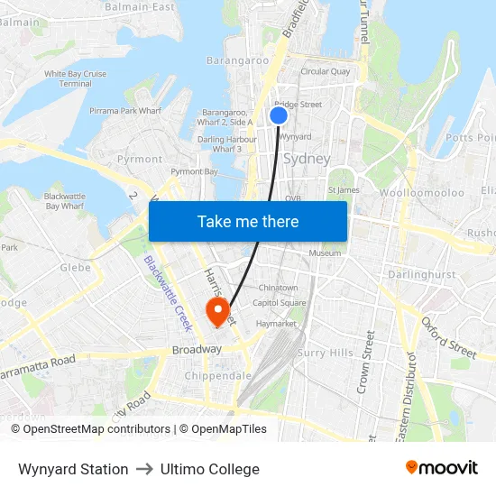 Wynyard Station to Ultimo College map