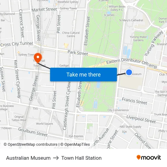 Australian Museum to Town Hall Station map