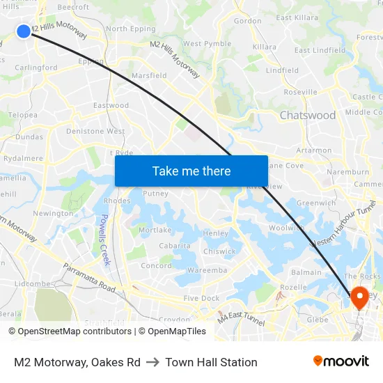 M2 Motorway, Oakes Rd to Town Hall Station map