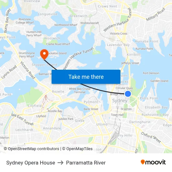 Sydney Opera House to Parramatta River map