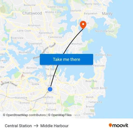 Central Station to Middle Harbour map