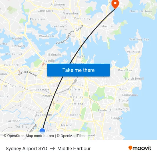 Sydney Airport SYD to Middle Harbour map