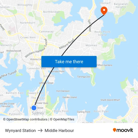 Wynyard Station to Middle Harbour map