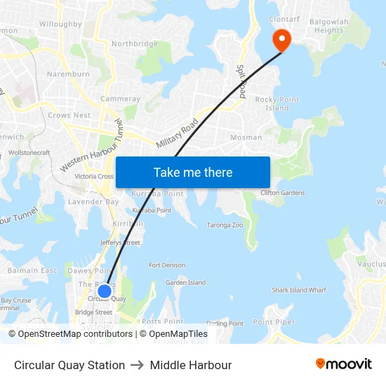 Circular Quay Station to Middle Harbour map