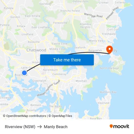 Riverview (NSW) to Manly Beach map