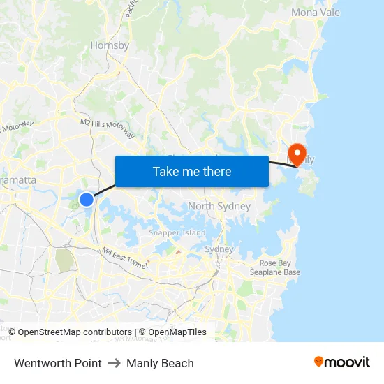 Wentworth Point to Manly Beach map