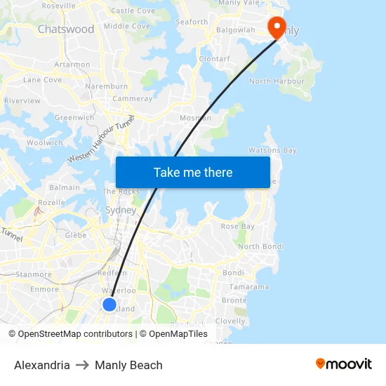 Alexandria to Manly Beach map
