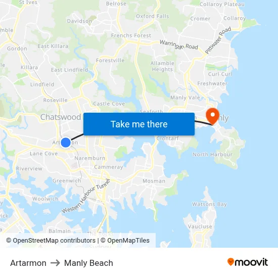 Artarmon to Manly Beach map